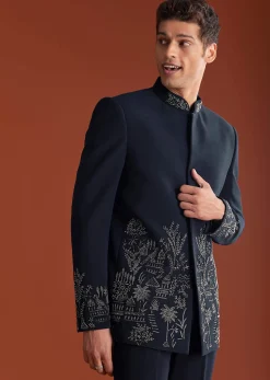 Navy Blue Jodhpuri Suit In Lachkaa Fabric With Hand Embroidery