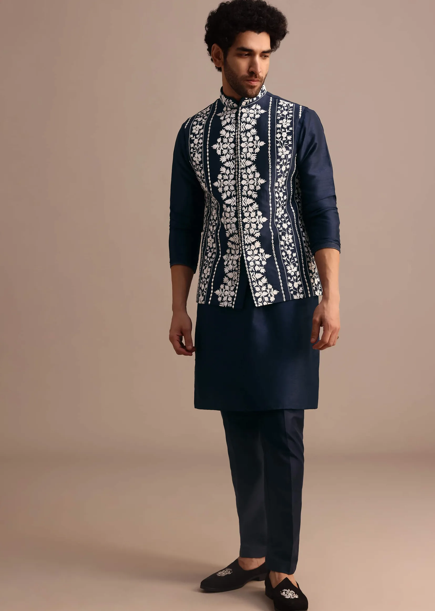 Navy Blue Kurta Jacket Set With Thread And Mirror Work