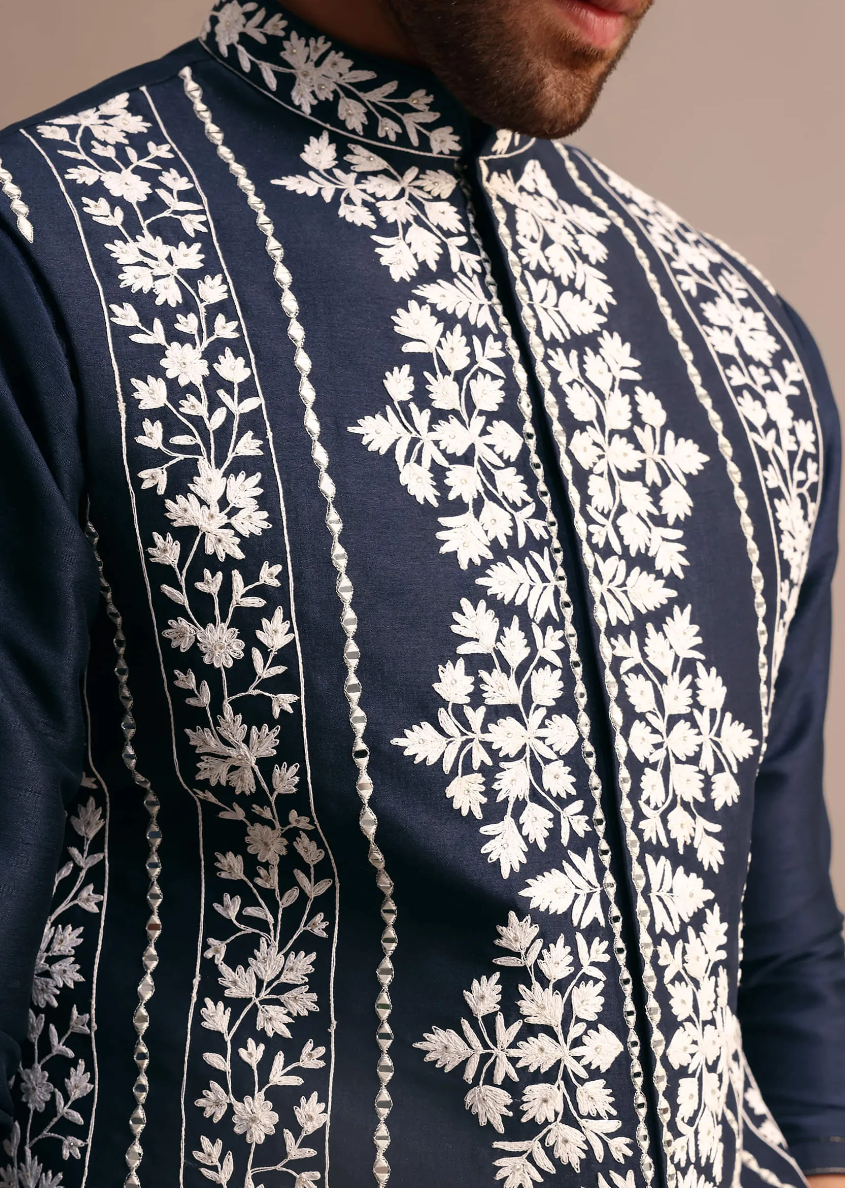 Navy Blue Kurta Jacket Set With Thread And Mirror Work