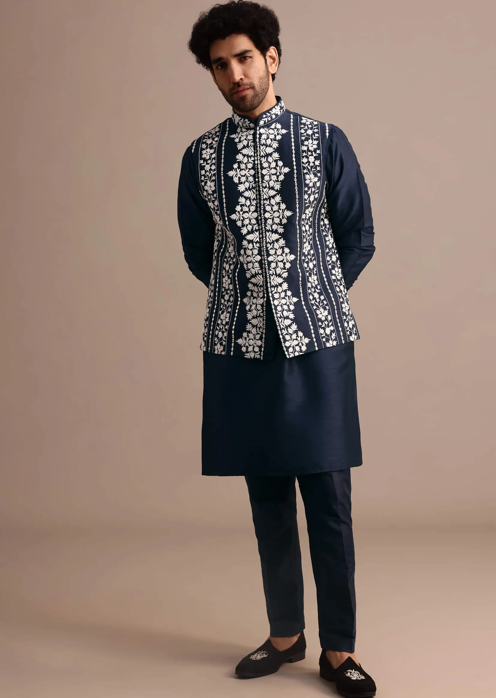 Navy Blue Kurta Jacket Set With Thread And Mirror Work