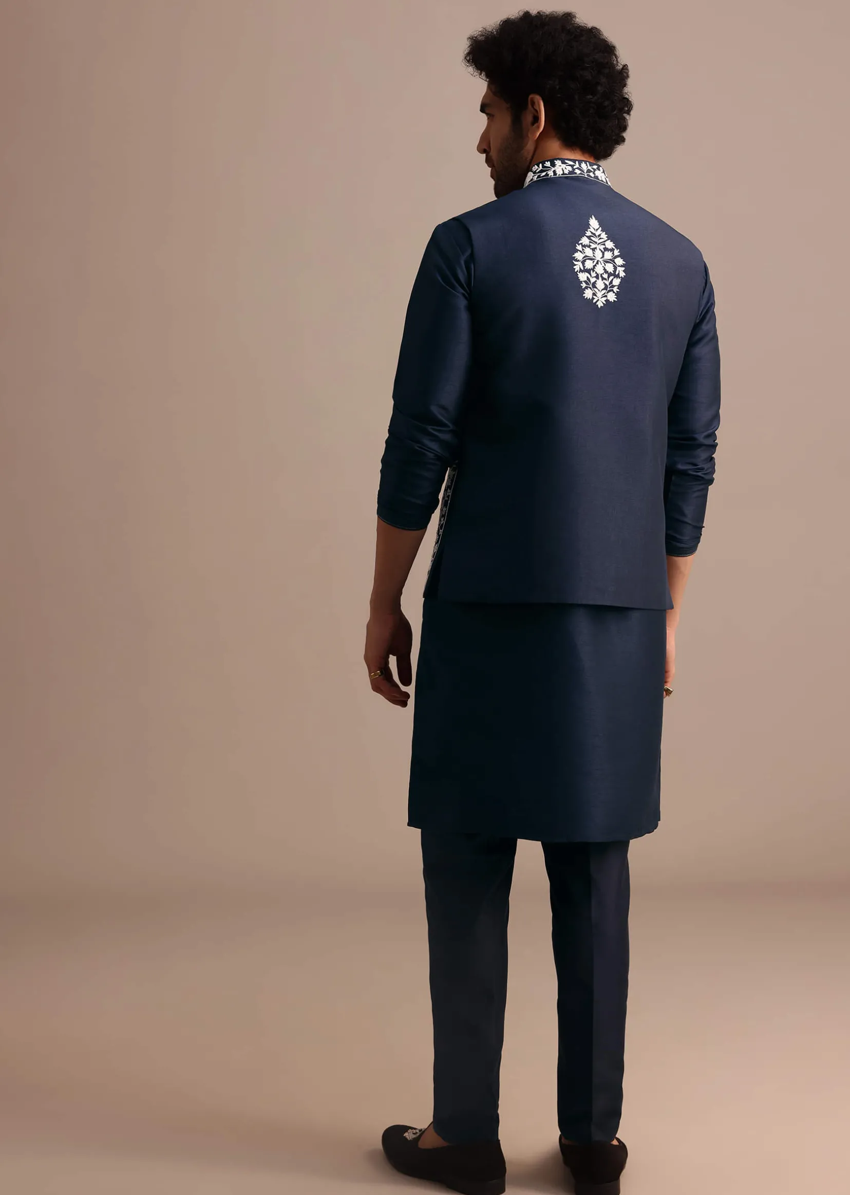 Navy Blue Kurta Jacket Set With Thread And Mirror Work