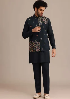 Navy Blue Kurta Jacket Set With Floral Embroidered Motifs