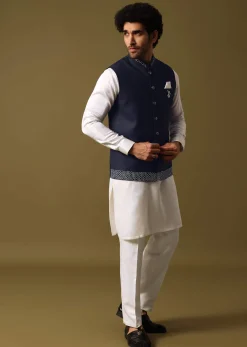 Navy Blue Kurta Jacket Set With Resham Work For Men
