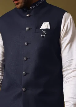 Navy Blue Kurta Jacket Set With Resham Work For Men