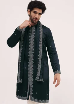 Navy Blue Kurta Set In Resham Work With Dupatta For Men