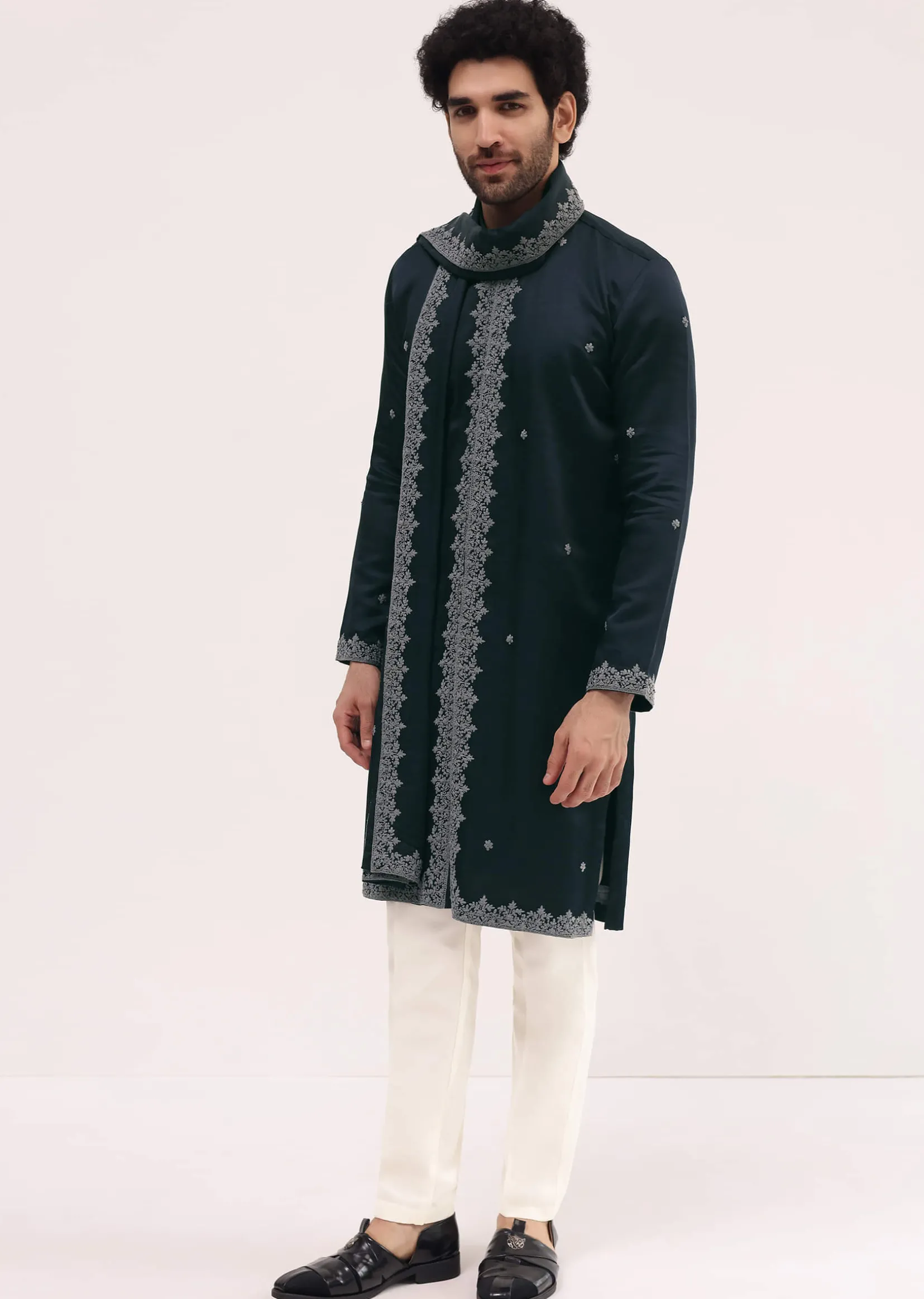 Navy Blue Kurta Set In Resham Work With Dupatta For Men