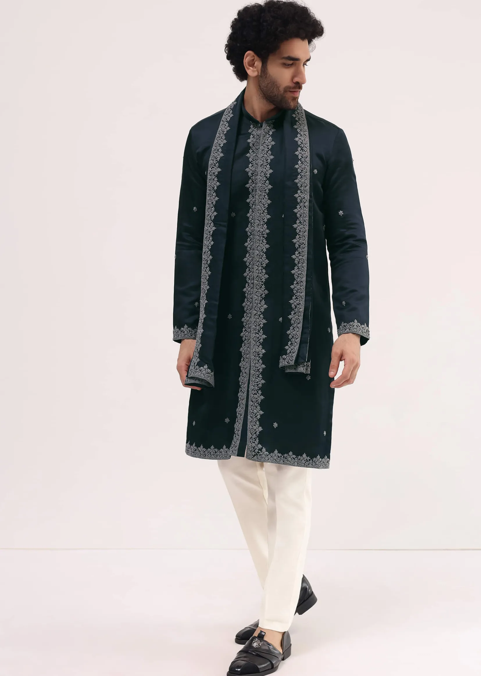 Navy Blue Kurta Set In Resham Work With Dupatta For Men