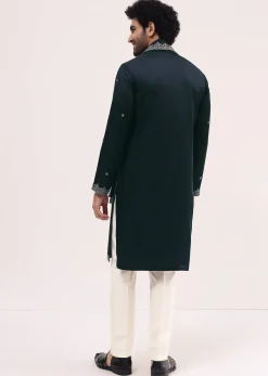 Navy Blue Kurta Set In Resham Work With Dupatta For Men