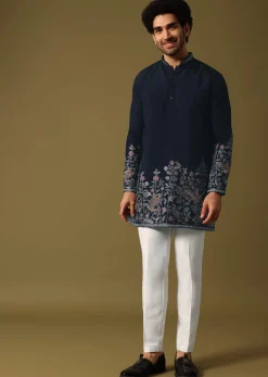 Navy Blue Kurta Set In Resham Work For Men