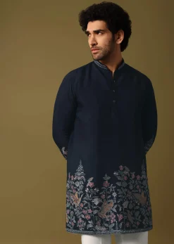 Navy Blue Kurta Set In Resham Work For Men