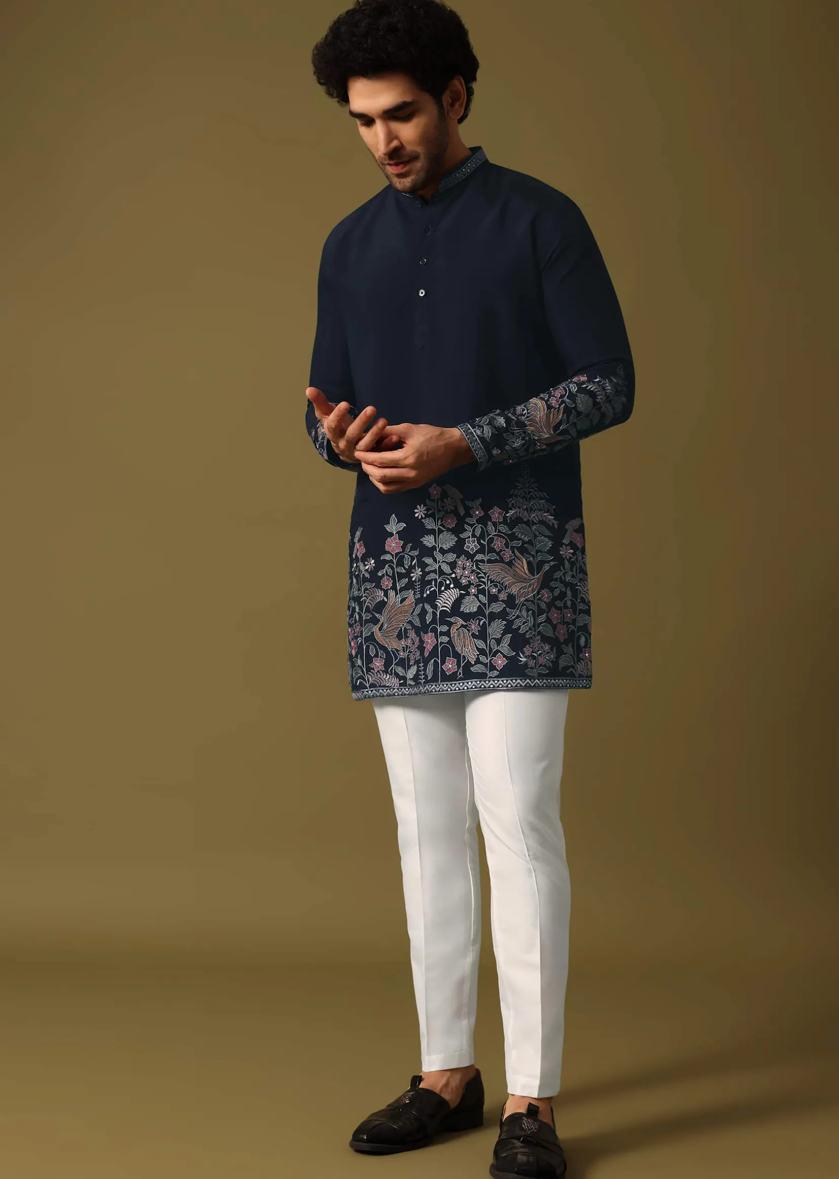 Navy Blue Kurta Set In Resham Work For Men