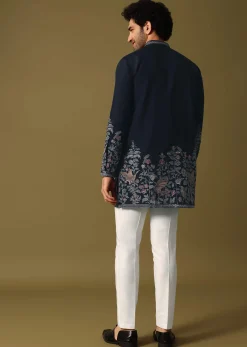Navy Blue Kurta Set In Resham Work For Men