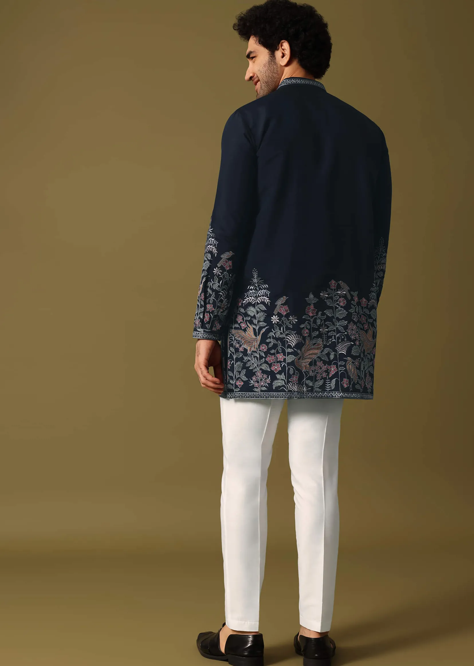 Navy Blue Kurta Set In Resham Work For Men