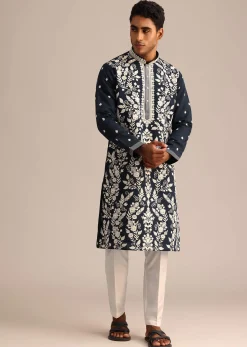 Navy Blue Kurta Set With Floral Resham Work