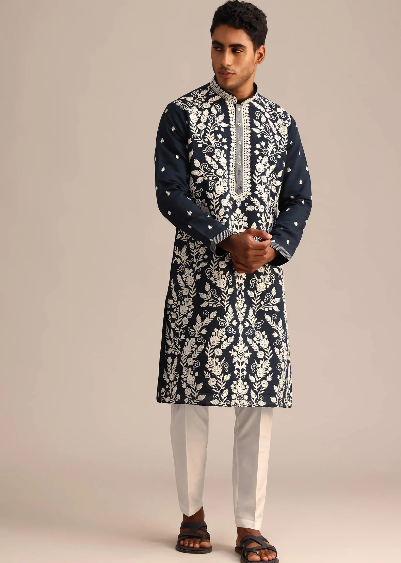 Navy Blue Kurta Set With Floral Resham Work
