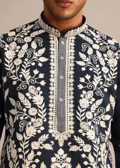 Navy Blue Kurta Set With Floral Resham Work
