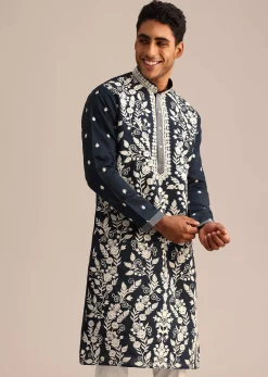 Navy Blue Kurta Set With Floral Resham Work
