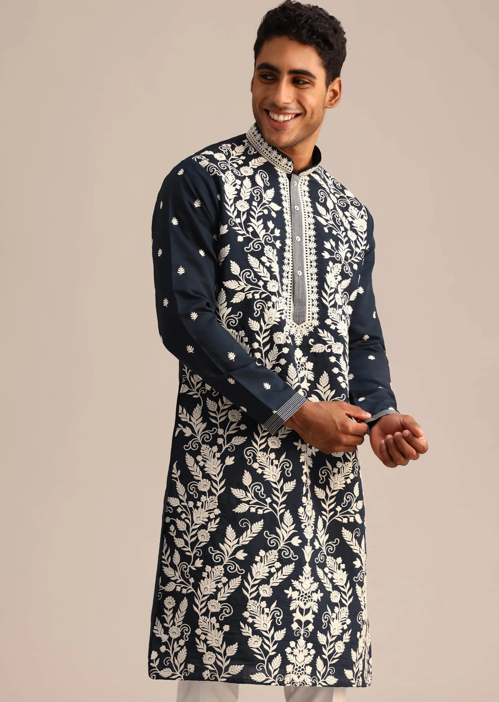 Navy Blue Kurta Set With Floral Resham Work