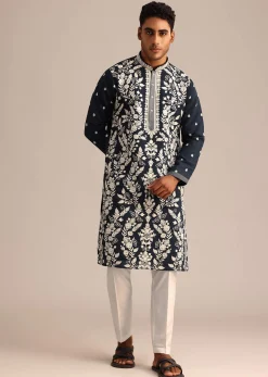 Navy Blue Kurta Set With Floral Resham Work