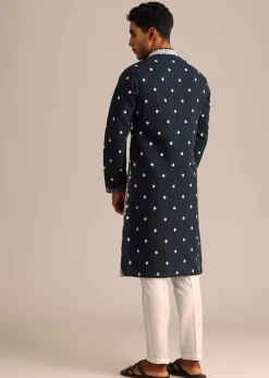 Navy Blue Kurta Set With Floral Resham Work