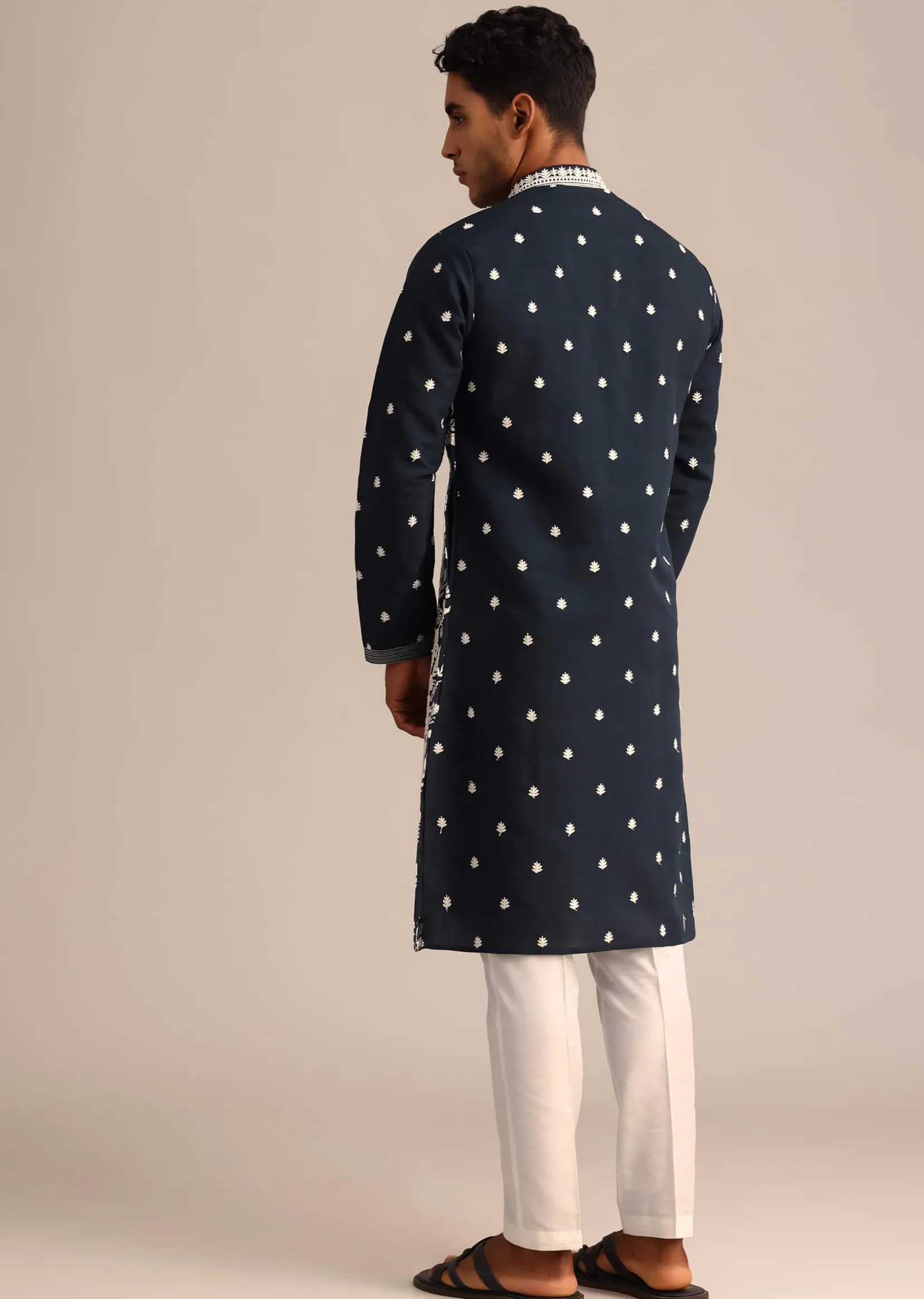 Navy Blue Kurta Set With Floral Resham Work