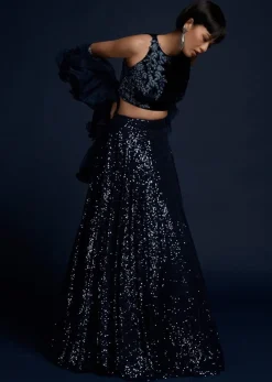 Navy Blue Lehenga Embellished In Sequins With Cut Dana Embellished Crop Top And Ruffle Dupatta