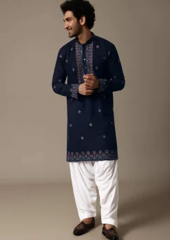 Navy Blue Linen Kurta Salwar For Men