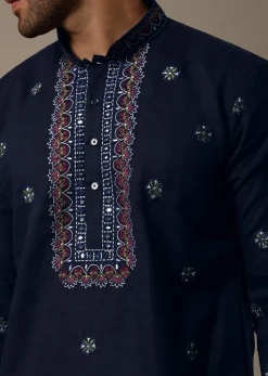 Navy Blue Linen Kurta Salwar For Men