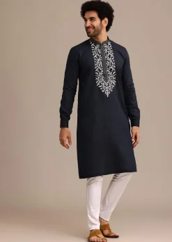 Navy Blue Linen Kurta Set With Floral Resham Handwork