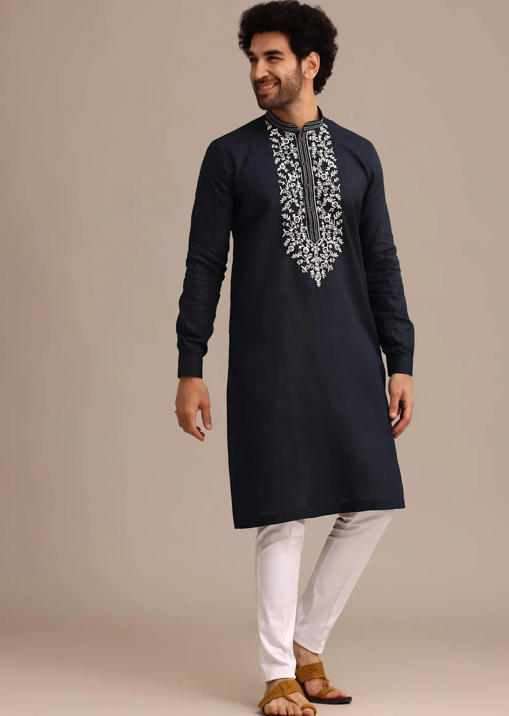 Navy Blue Linen Kurta Set With Floral Resham Handwork