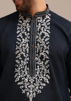 Navy Blue Linen Kurta Set With Floral Resham Handwork