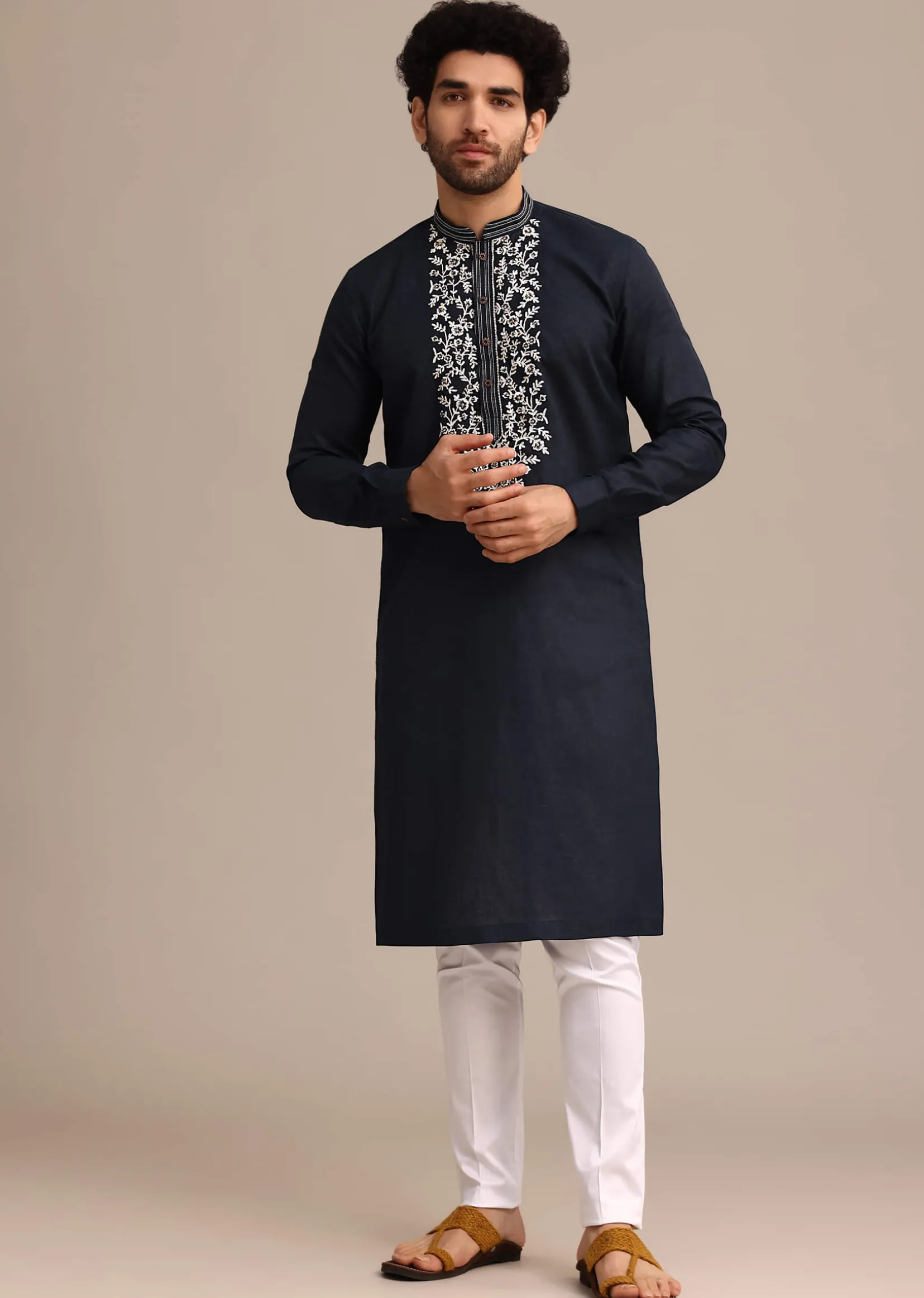 Navy Blue Linen Kurta Set With Floral Resham Handwork