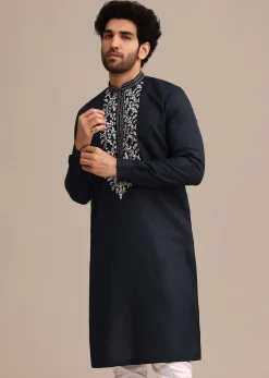 Navy Blue Linen Kurta Set With Floral Resham Handwork