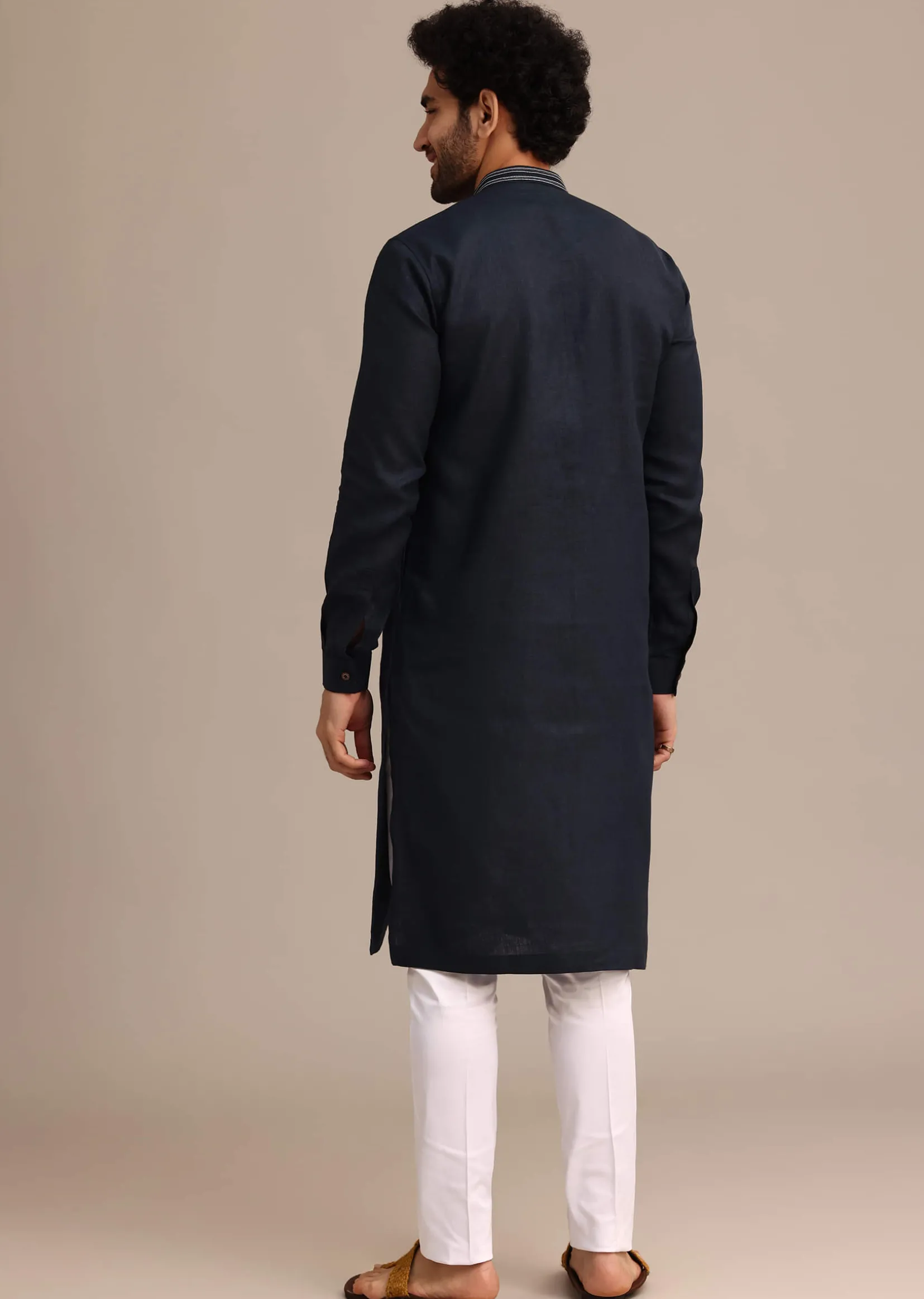 Navy Blue Linen Kurta Set With Floral Resham Handwork