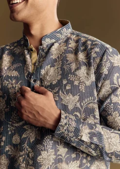 Navy Blue Linen Kurta Set Embellished With Intricate Kantha Stitching