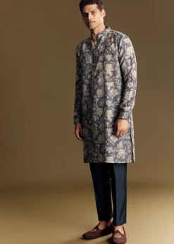 Navy Blue Linen Kurta Set Embellished With Intricate Kantha Stitching