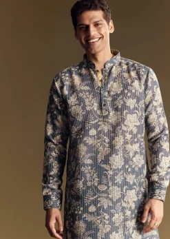 Navy Blue Linen Kurta Set Embellished With Intricate Kantha Stitching