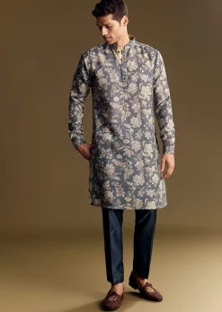 Navy Blue Linen Kurta Set Embellished With Intricate Kantha Stitching