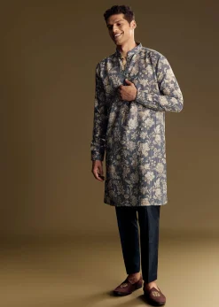 Navy Blue Linen Kurta Set Embellished With Intricate Kantha Stitching