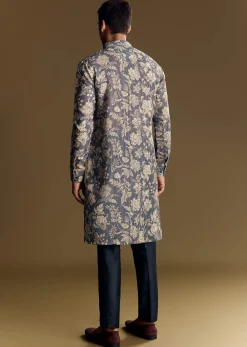 Navy Blue Linen Kurta Set Embellished With Intricate Kantha Stitching