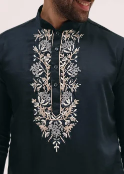Navy Blue Linen Kurta Set In Resham Work For Men