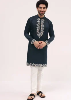 Navy Blue Linen Kurta Set In Resham Work For Men
