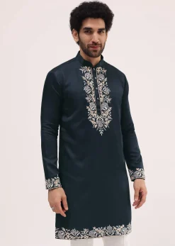Navy Blue Linen Kurta Set In Resham Work For Men