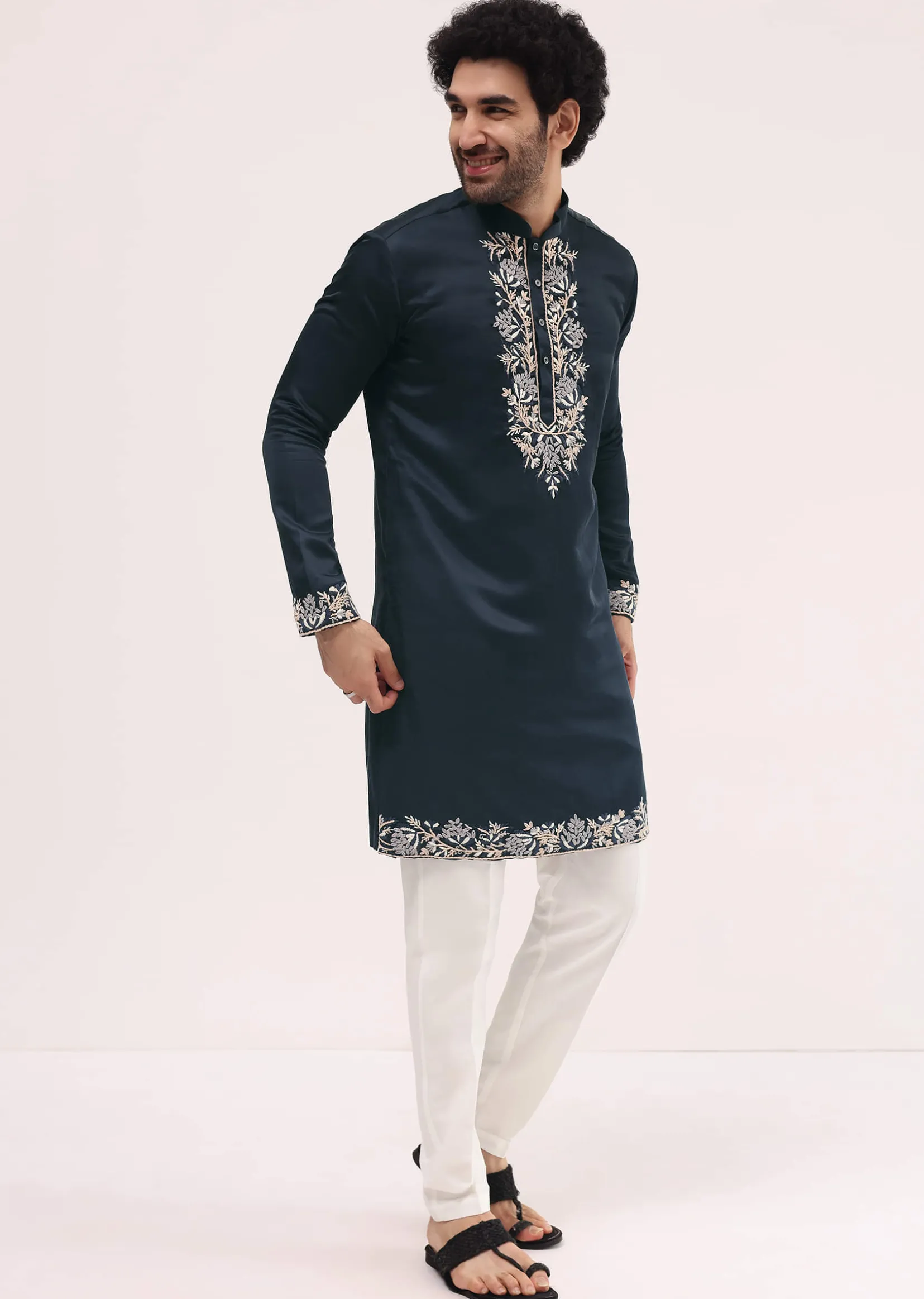 Navy Blue Linen Kurta Set In Resham Work For Men