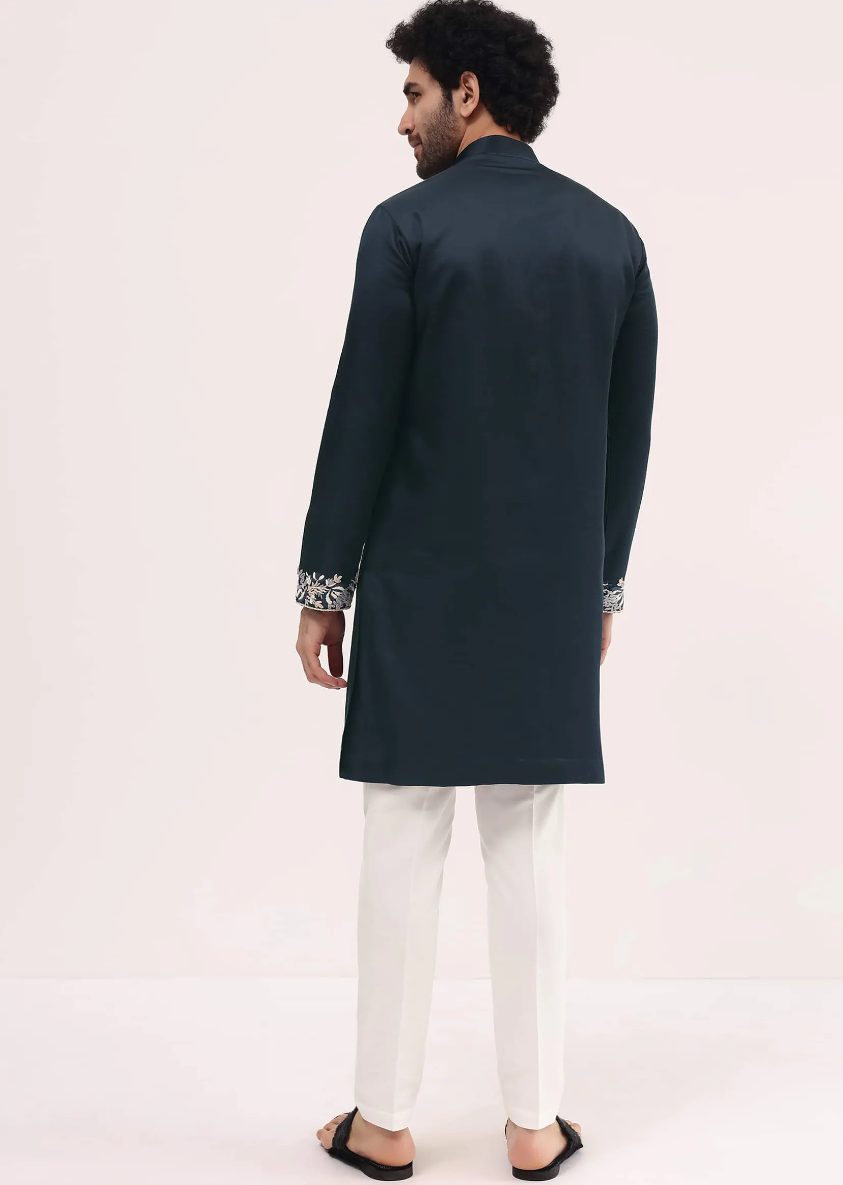 Navy Blue Linen Kurta Set In Resham Work For Men