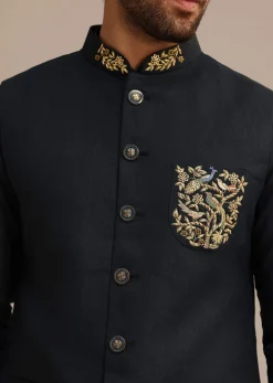 Navy Blue Linen Zardosi Embroidered Jacket Kurta Set