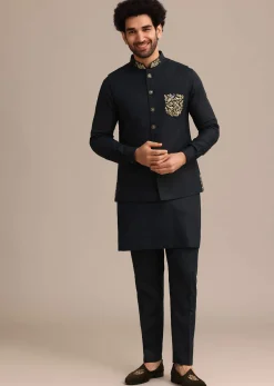 Navy Blue Linen Zardosi Embroidered Jacket Kurta Set