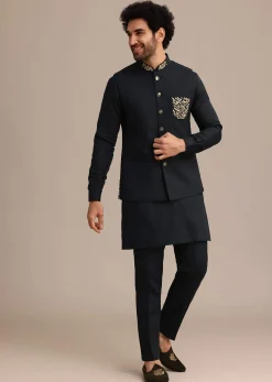 Navy Blue Linen Zardosi Embroidered Jacket Kurta Set