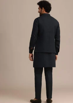 Navy Blue Linen Zardosi Embroidered Jacket Kurta Set
