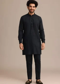 Navy Blue Linen Zardosi Embroidered Jacket Kurta Set